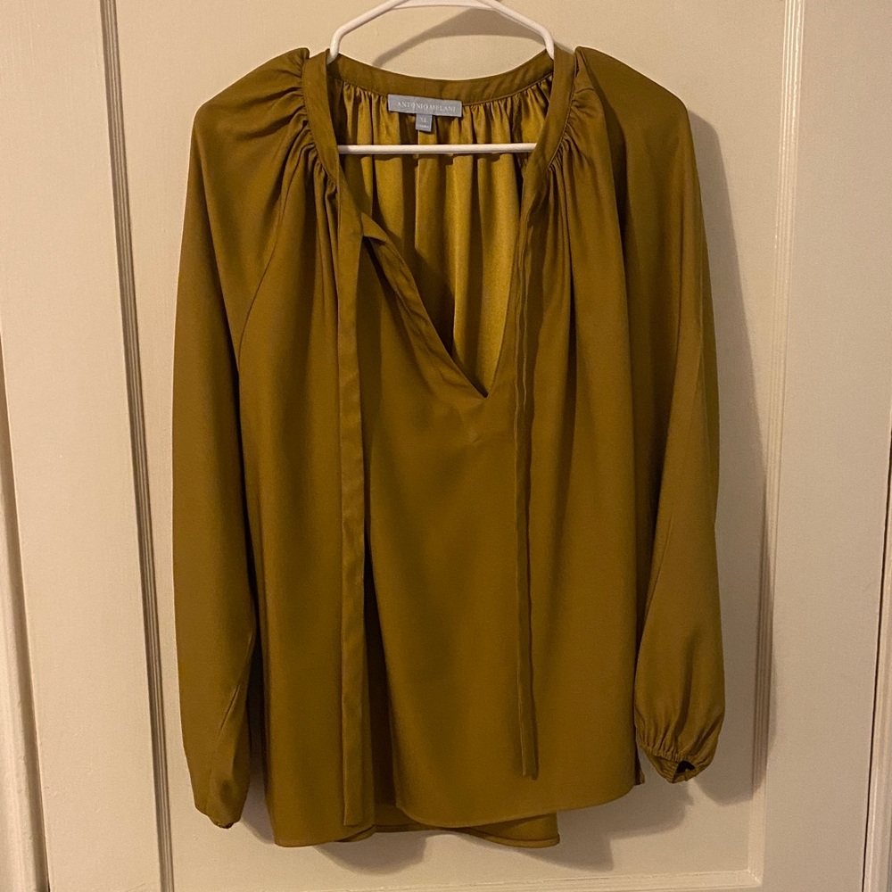 ANTONIO MELANI Olive Satin Tie-Detail Blouse